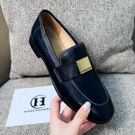 8女鞋皮鞋单鞋百搭黑色商务牛皮马衔扣软底欧美乐福鞋女士轻奢
