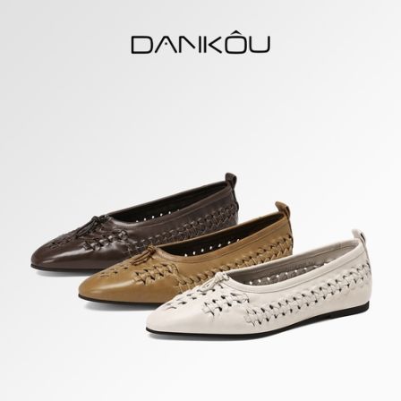 DANKOU丹蔻 进口油蜡羊皮编织镂空超轻软底平底单鞋