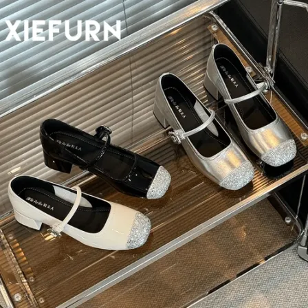 XIEFURN/鞋夫人2024夏季新款法式气质百搭亮面拼色设计感玛丽珍鞋