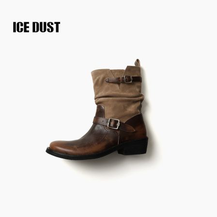 ICE DUST做旧擦色褶皱短靴25PF春秋季新款复古巴恩风厚底堆堆靴子