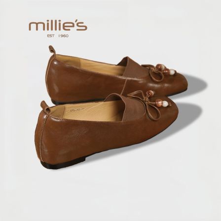 MILLIE'S/妙丽2025新款真皮圆头平底单鞋女时尚百搭爆款浅口单鞋