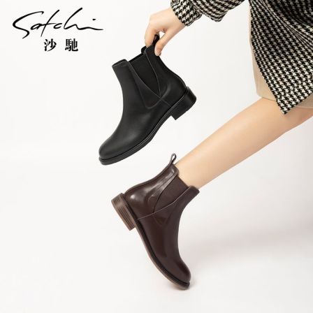 沙驰女鞋时尚粗跟真皮短靴2025年冬季新款小V松紧带切尔西靴显瘦