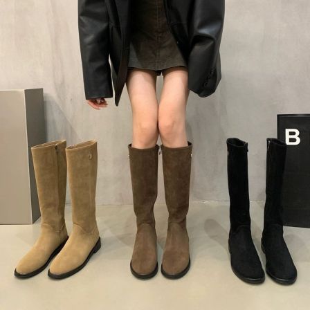 西部牛仔高筒靴时尚瘦瘦靴女鞋2025秋季新款复古绒面骑士靴长筒靴