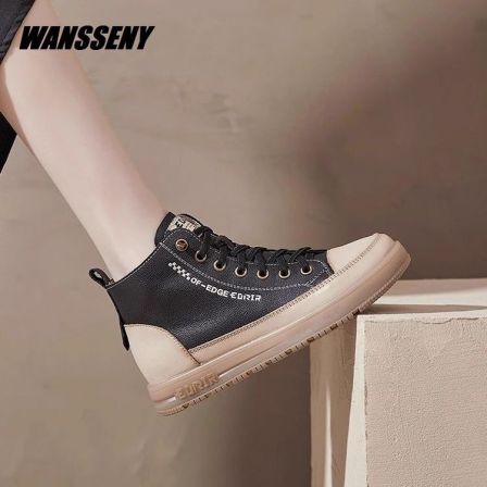 WANSSENY2025年新款头层牛皮高帮鞋子女真皮软底厚底运动休闲板鞋