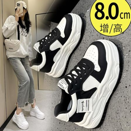 万达撤柜头层牛皮内增高女鞋8CM显瘦小个子秋季松糕厚底小白鞋ins