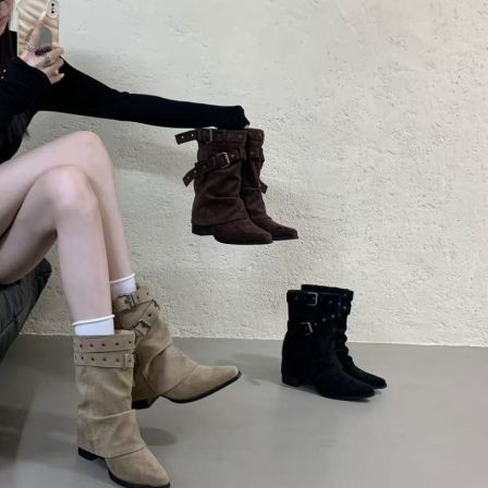 美式辣妹皮带扣裤管靴短筒靴女靴2025早秋新款小众设计短靴西部靴