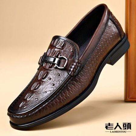 老人头高端轻奢男士商务休闲皮鞋鳄鱼纹真皮头层牛皮透气乐福鞋
