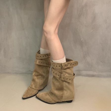 美式辣妹皮带扣裤管靴短筒靴女堆堆靴2025早秋小众设计短靴西部靴