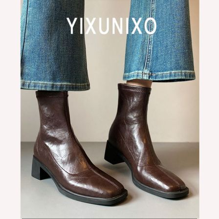 羊皮版~法式复古粗跟弹力瘦瘦靴女高跟通勤短靴秋冬静音跟马丁靴