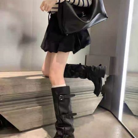  【芳芳私人定制】厚底粗跟褶皱长筒靴甜酷辣妹堆堆裤管靴骑士靴