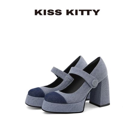 KISSKITTY牛仔玛丽珍鞋25年女单鞋秋款拼接女鞋小个子防水台