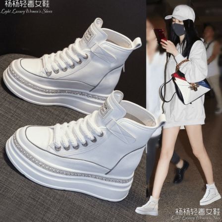 万达撤柜头层牛皮8公分高帮鞋女内增高厚底小个子小白鞋秋冬高腰i