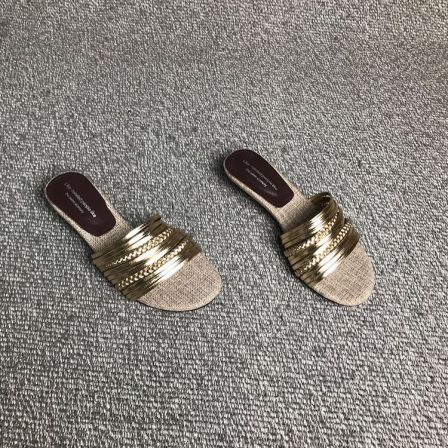 露涵思 拖鞋女波西米亚度假风编织一字拖女方头露趾拖鞋女夏外穿
