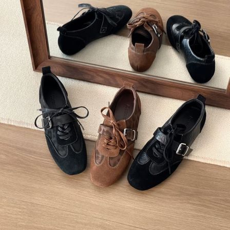 HUSSLOVE 头层牛皮+牛反绒·跟高3CM·时尚简约休闲百搭拼接德训鞋