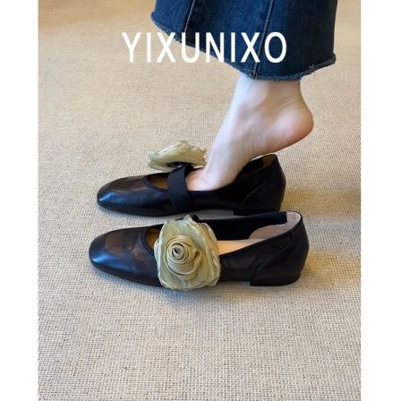 羊皮版~法式时尚一字带可拆卸花朵浅口单鞋复古玛丽珍女鞋平底