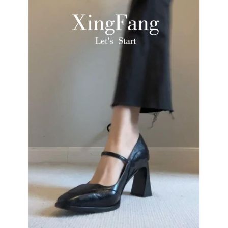 复古高跟鞋女2025春季新款黑色方头一字带百搭粗跟法式气质单鞋女