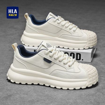 HLA/海澜之家男鞋2025秋季新款透气百搭皮面小白鞋厚底增高休闲鞋