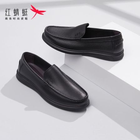 红蜻蜓品牌商务休闲单鞋春季男士豆豆鞋透气百搭乐福软底真皮皮鞋