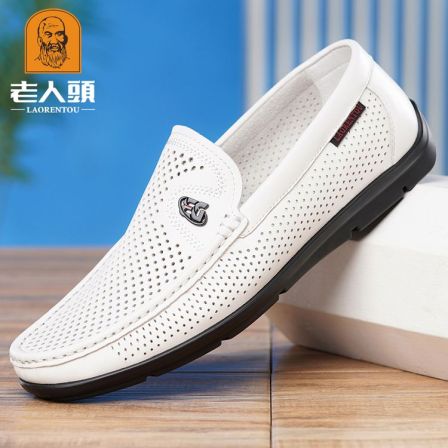 老人头皮凉鞋男夏季真皮豆豆鞋男镂空透气软底软皮休闲皮鞋小白鞋
