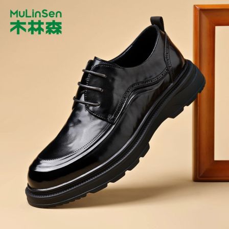 木林森时尚透气英伦风皮鞋厚底百搭舒适亮面德比鞋男士软底乐福鞋
