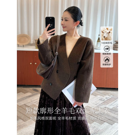 K姐KSOEUR【私服大衣】全羊毛 深V领松弛利落双排扣双面呢外套女