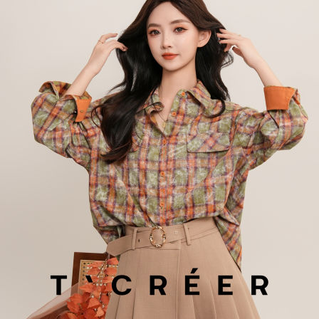 T`CREER｜ 【椿日叙】美式潮牌复古撞色格子长袖衬衫女