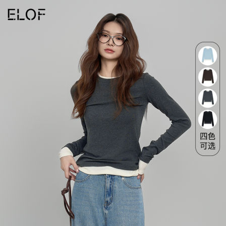 【所有女生的衣橱直播间】ELOF撞色T恤女撞色显瘦内搭加绒打底衫