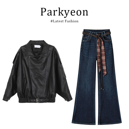 parkyeon韩系复古风皮衣阔腿牛仔裤套装女显瘦时尚秋季穿搭套装