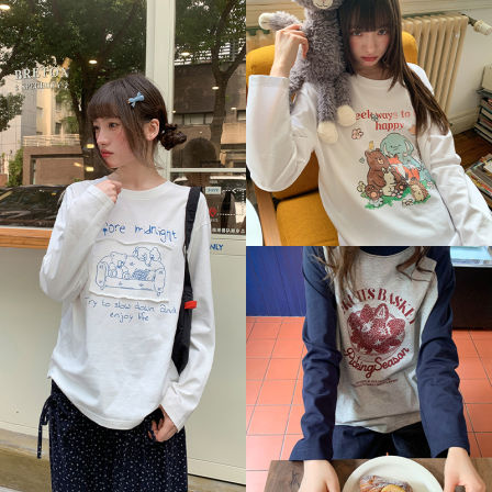【所有女生的衣橱直播间】你好卡农 卡通印花/贴布熊/插肩袖T恤