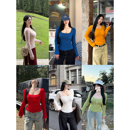黑泽玄七微胖mm2025秋季新款长袖T恤女百搭方领修身显瘦针织上衣