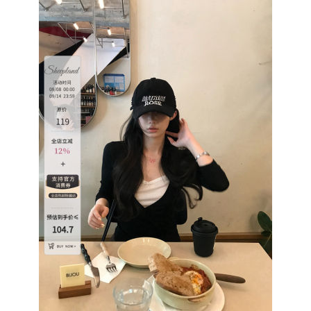 sheepland首尔初秋 黑色V领假两件天丝t恤女早秋显瘦内搭打底上衣