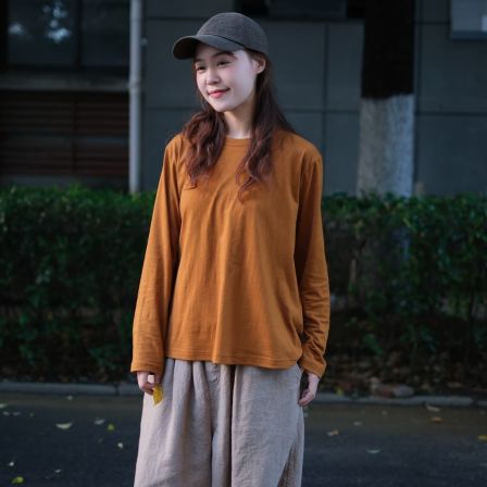 帛原 新品纯棉长袖简约复古圆领竹节棉百搭柔软打底T恤1125009
