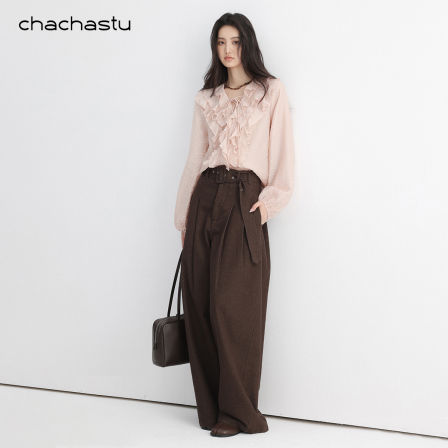 CHACHASTU法式早秋氛围感粉色荷叶边上衣女早秋高级感长袖V领衬衫