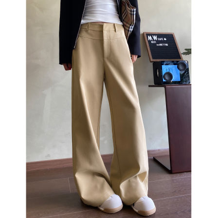 卡其色阔腿裤女2025春秋季新款高腰垂感窄版显瘦西装裤休闲直筒裤