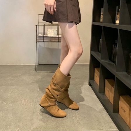 葡萄妈studiolee 增高6cm~ 韩系圆头扣带柔软褶皱显瘦中筒靴女