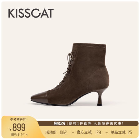 KISSCAT接吻猫[唐顿庄园]高跟靴25新方头复古美拉德马丁时装靴女