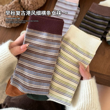 复古撞色条纹港风袜子女春秋款棉袜ins潮中筒袜女配勃肯鞋堆堆袜