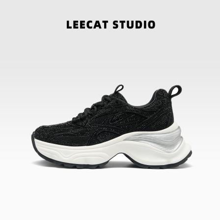 LeeCatStudio | 黑色老爹鞋6CM增高厚底2025轻便水钻百搭休闲鞋女