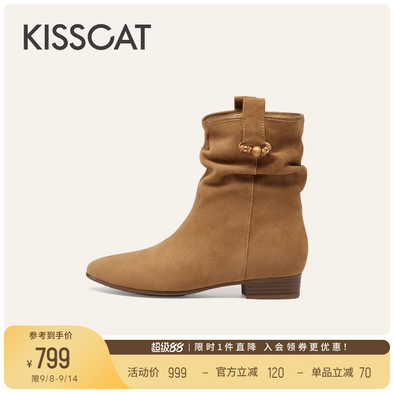 KISSCAT接吻猫[小云枕]西部靴25新尖头西部短靴美拉德牛仔堆堆靴主图