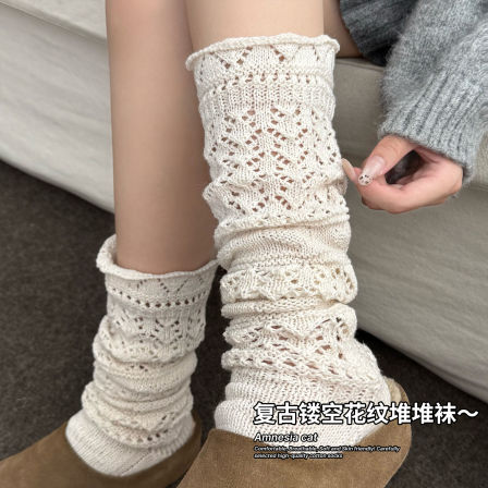 白色小腿袜子女春秋韦雪同款复古羊毛针织堆堆袜女长筒袜配勃肯鞋