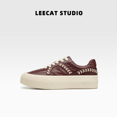 LeeCatStudio | 休闲板鞋女超软真皮红色百搭轻便系带德训鞋