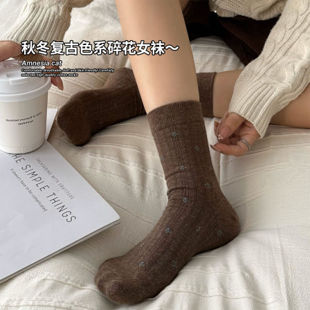 碎花咖色袜子女春秋季棉袜ins潮复古美拉德中筒袜配勃肯鞋堆堆袜