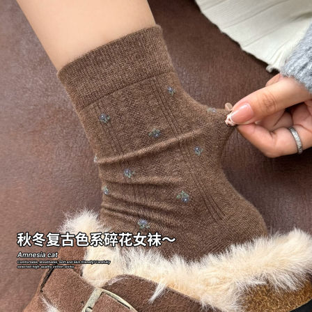 复古碎花袜子女春秋季棉袜ins潮美拉德咖色中筒袜配勃肯鞋堆堆袜