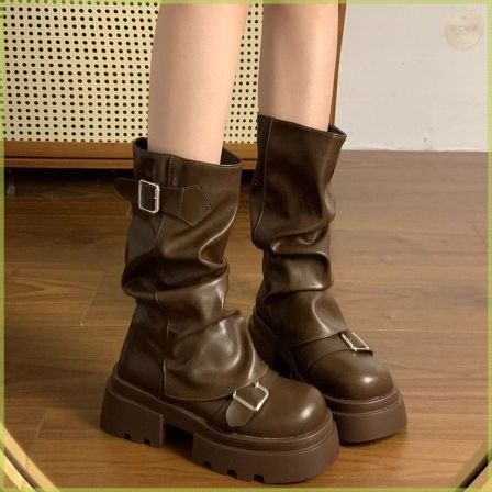 棕色百搭厚底增高马丁靴女年新款春春夏季复古美拉德中筒靴子