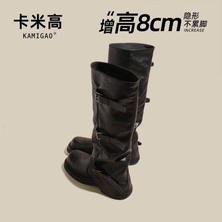 8CM内增高时尚靴2025夏季新款皮带扣英伦风高筒骑士靴