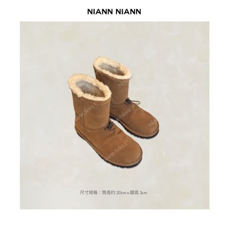  NiannNiann 新品复古牛反绒皮内里羊毛手工皮扣中筒雪地靴16137