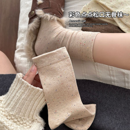 米色袜子女春秋季棉袜ins潮日系点子纱中筒袜秋天配勃肯鞋堆堆袜