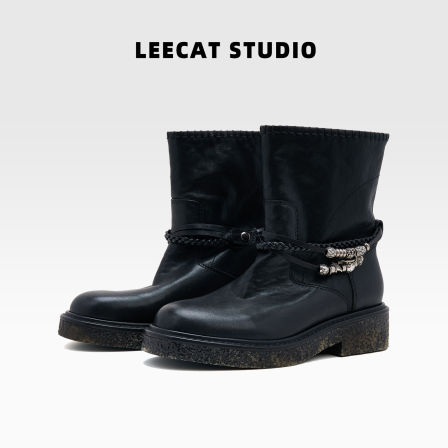 LeeCatStudio黑色中短靴2025真皮编织绑带粗跟褶皱圆头皮带扣女鞋