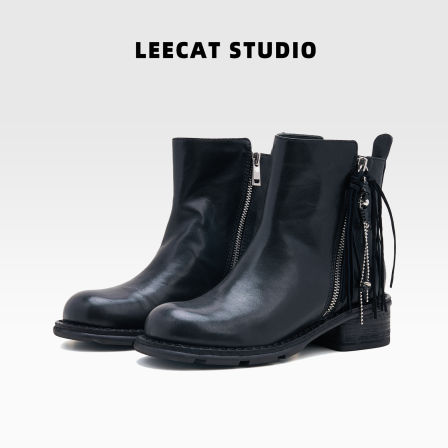 LeeCatStudio|黑色中短筒靴女户外圆头褶皱皮条流苏拉链厚底皮鞋