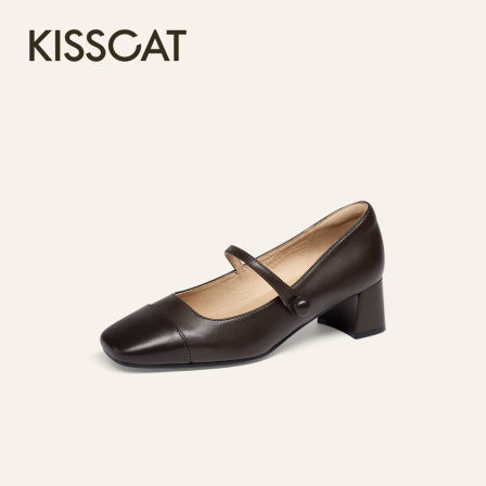 KISSCAT接吻猫25秋新款粗跟法式高跟鞋真皮复古黑色玛丽珍鞋女KA65533-10